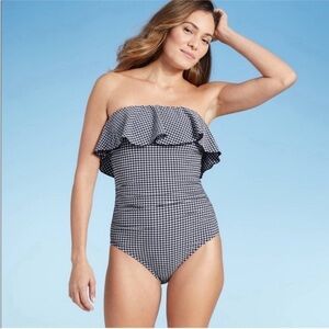 Kona Sol Gingham Checker Strapless Bandeau High Coverage One Piece Swimsuit Sz S